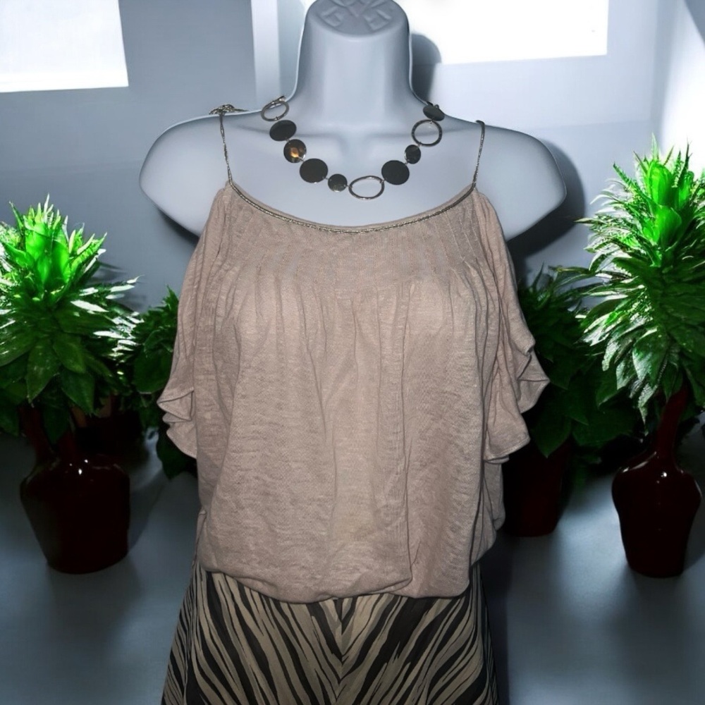 Juicy Couture Pale Mushroom Beige Linen Ruffle Gold Lurex Tie Straps Tank Top